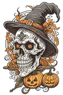 Halloween, skull with witch hat, pumpkin, red eyes, wand, bat, color tattoo design idea