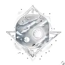 upside-down triangle with icy moon and small astronomical shapes tattoo design idea
