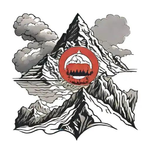 A realistic black and gray tattoo of Mount Everest with the Nepali flag waving in the background. tattoo design idea