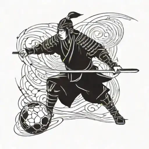 A futuristic samurai warrior playing soccer in a digital world tattoo design idea