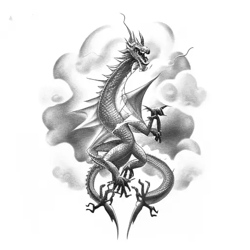 dragon that spits out lightning surrounded by clouds  tattoo design idea