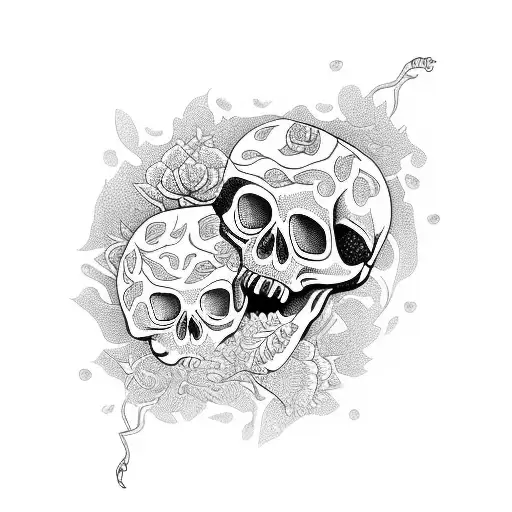 Botanical with skull and koi fishes  tattoo design idea