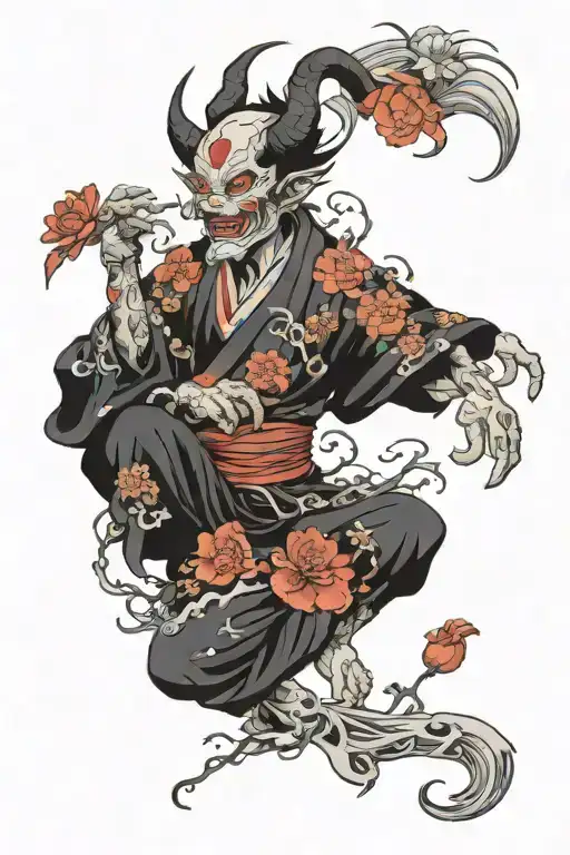 demon, flowers, fantasy, mystic,  tattoo design idea
