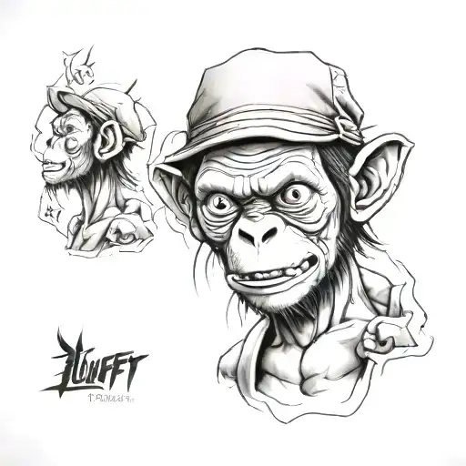 A realistic portrait tattoo of a monkey with a determined expression, embodying the bravery and determination of Monkey D. Luffy, in a realism style tattoo design idea