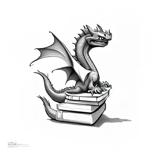 simple with no shading. small dragon, in the style of toothless from how to train your dragon, guarding a pile of books tattoo design idea
