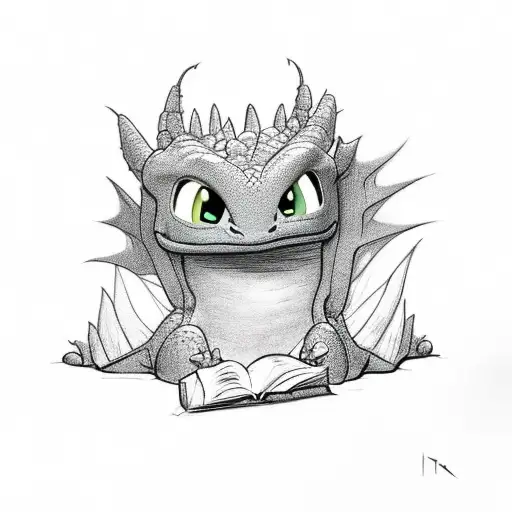 small dragon, toothless from how to train your dragon, guarding a pile of books. cute tattoo design idea