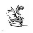 simple with no shading. small dragon, in the style of toothless from how to train your dragon, guarding a pile of books tattoo design idea