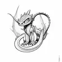 simple with no shading. small dragon, in the style of toothless from how to train your dragon, guarding a pile of books tattoo design idea