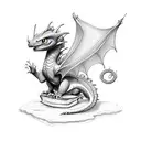 simple with no shading. small dragon, in the style of toothless from how to train your dragon, guarding a pile of books tattoo design idea