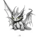 simple with no shading. small dragon, in the style of toothless from how to train your dragon, guarding a pile of books tattoo design idea
