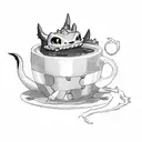 small dragon, toothless, guarding a pile of books and a cup of tea. cute tattoo design idea