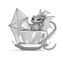 small dragon, toothless, guarding a pile of books and a cup of tea. cute tattoo design idea