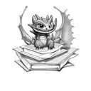small dragon, toothless, guarding a pile of books and a cup of tea. cute tattoo design idea