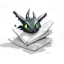 small toothless from how to train your dragon, guarding a pile of books. cute tattoo design idea