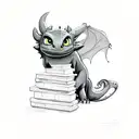 small toothless from how to train your dragon, guarding a pile of books. cute tattoo design idea