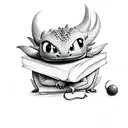 small toothless from how to train your dragon, guarding a pile of books. cute tattoo design idea