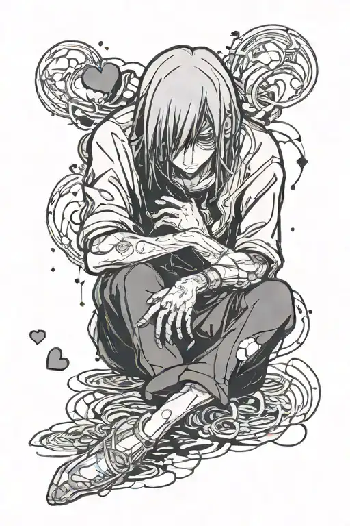 sad, lonely, dark person with a heart in his hands, in tears with a smile tattoo design idea