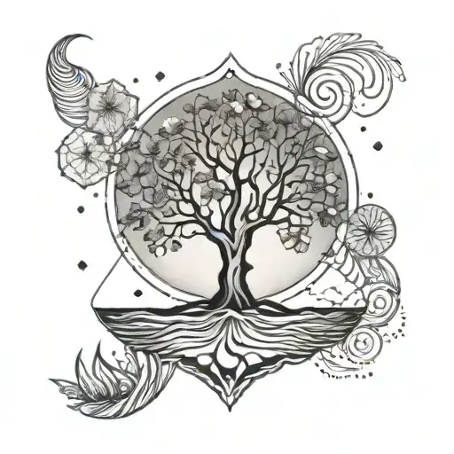 A geometric tree of life tattoo with waves and seashells intertwined, representing the connection between nature and the sea tattoo design idea