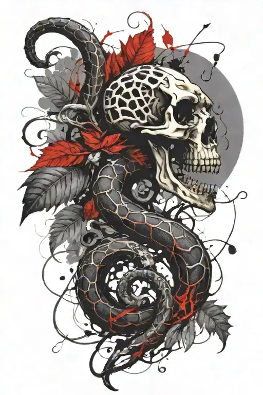 Skeletal snake and leaves tattoo design idea