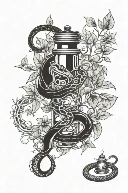 snake wrapped around vial surrounded by vines and mystical symbols tattoo design idea