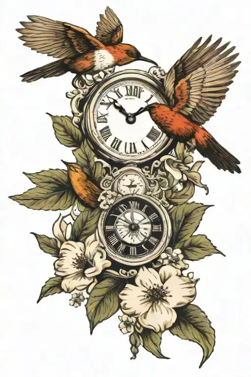 dogwood flowers with hummingbird and clock with eagle and deer tattoo design idea