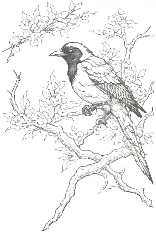 magpie and japanese cherry tree with samurai warrior tattoo design idea
