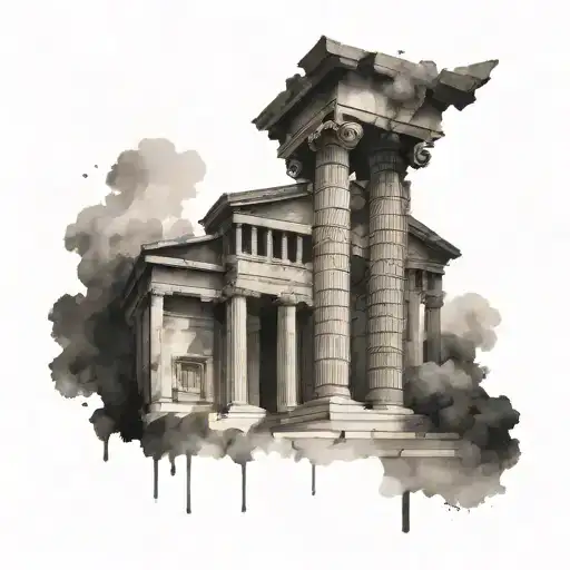 Create a tattoo of a Greek temple with techno music speakers as pillars, fusing elements of ancient Greek culture with modern music tattoo design idea