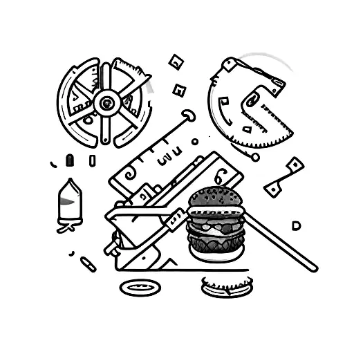 A minimalist tattoo of a carpenter's tool belt with a chocolate milk carton and a burger hanging from it tattoo design idea