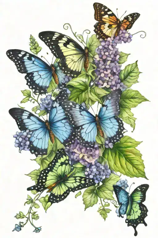 Three butterflies flying around the arm.  One with blue shades, the second green and the third purple and ivy around tattoo design idea