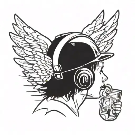 Design a minimalistic, realistic-style tattoo in black ink, sized 4x4 cm, to be placed behind the ear. The design should feature a baby angel, depicted as a rapper with a snapback hat, holding a small money bag. The angel should have black hair, a tender and happy expression, a slightly prominent jawline to represent someone named David, and be clearly male. The overall style should be minimalistic yet expressive, fitting the small area behind the ear while conveying a unique and personal tribute. tattoo design idea