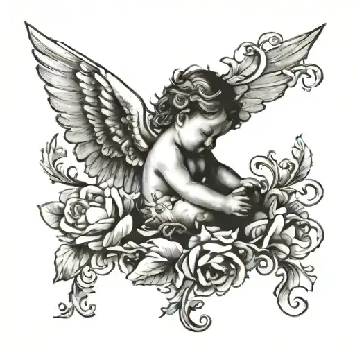 "Design a black and grey tattoo, sized 4x4 cm, to be placed behind the ear. The design should feature a baby angel, depi tattoo design idea