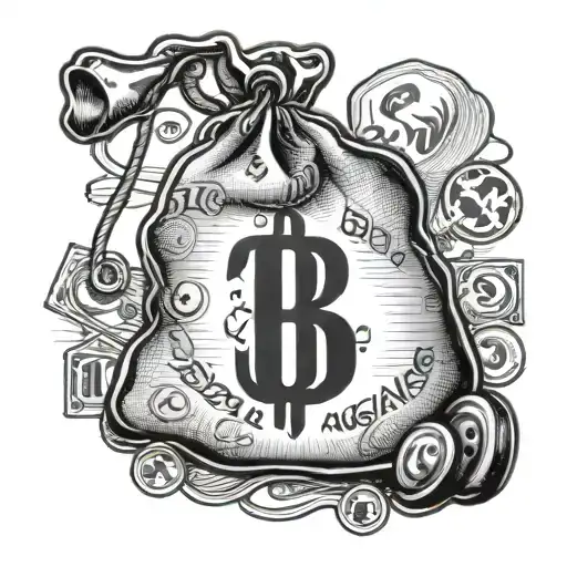 Design a detailed illustration of a money bag, in a realistic style, with the words 'BSR ESTUVO AQUÍ' clearly written on tattoo design idea