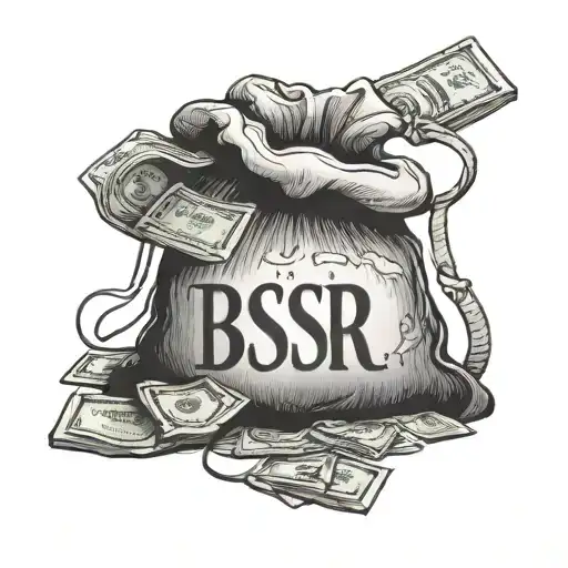 Design a detailed illustration of a money bag, in a realistic style, with the words 'BSR ESTUVO AQUÍ' clearly written on tattoo design idea