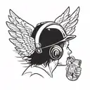 Design a minimalistic, realistic-style tattoo in black ink, sized 4x4 cm, to be placed behind the ear. The design should feature a baby angel, depicted as a rapper with a snapback hat, holding a small money bag. The angel should have black hair, a tender and happy expression, a slightly prominent jawline to represent someone named David, and be clearly male. The overall style should be minimalistic yet expressive, fitting the small area behind the ear while conveying a unique and personal tribute. tattoo design idea