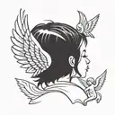 Design a minimalistic, realistic-style tattoo in black ink, sized 4x4 cm, to be placed behind the ear. The design should feature a baby angel, depicted as a rapper with a snapback hat, holding a small money bag. The angel should have black hair, a tender and happy expression, a slightly prominent jawline to represent someone named David, and be clearly male. The overall style should be minimalistic yet expressive, fitting the small area behind the ear while conveying a unique and personal tribute. tattoo design idea