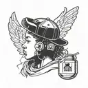 Design a minimalistic, realistic-style tattoo in black ink, sized 4x4 cm, to be placed behind the ear. The design should feature a baby angel, depicted as a rapper with a snapback hat, holding a small money bag. The angel should have black hair, a tender and happy expression, a slightly prominent jawline to represent someone named David, and be clearly male. The overall style should be minimalistic yet expressive, fitting the small area behind the ear while conveying a unique and personal tribute. tattoo design idea