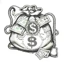 Design a detailed illustration of a money bag, in a realistic style, with the words 'BSR ESTUVO AQUÍ' clearly written on tattoo design idea