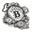 Design a detailed illustration of a money bag, in a realistic style, with the words 'BSR ESTUVO AQUÍ' clearly written on tattoo design idea