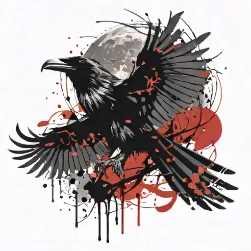 ravens with spread wings and moon tattoo design idea