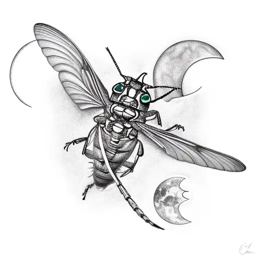 a cicada and a crescent moon above it tattoo design idea