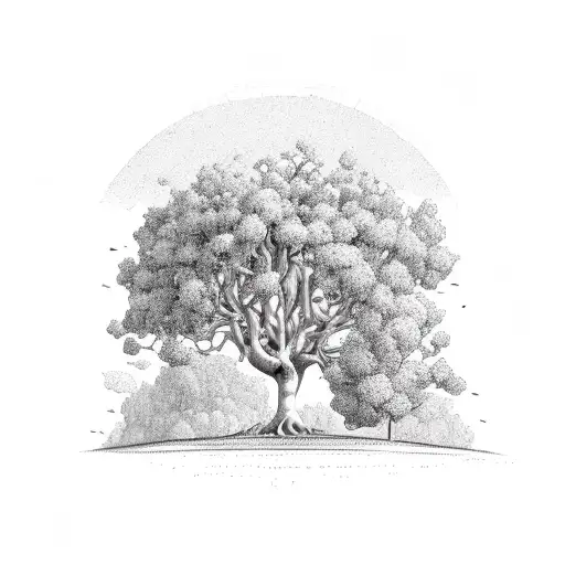 A majestic plane tree growing from a patch of rich soil, with intricate root patterns and branches reaching towards the sky tattoo design idea