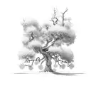 A majestic plane tree growing from a patch of rich soil, with intricate root patterns and branches reaching towards the sky tattoo design idea