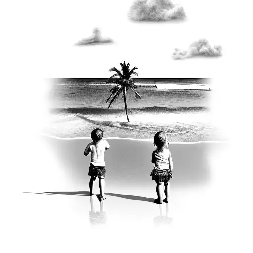 angel looking over 3 kids sillouhette palm tree beach tattoo design idea