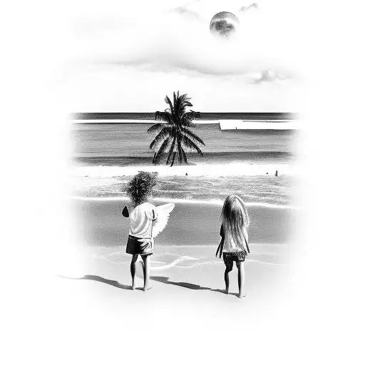 angel looking over 3 kids sillouhette palm tree beach tattoo design idea