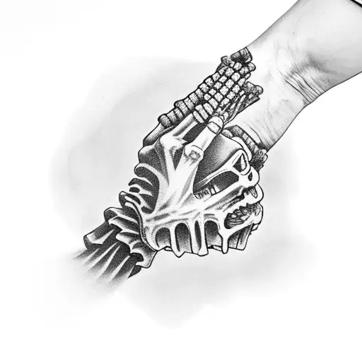 A skeletal hand holding a football with Santa Muerte and Los Angeles skyline in the background tattoo design idea