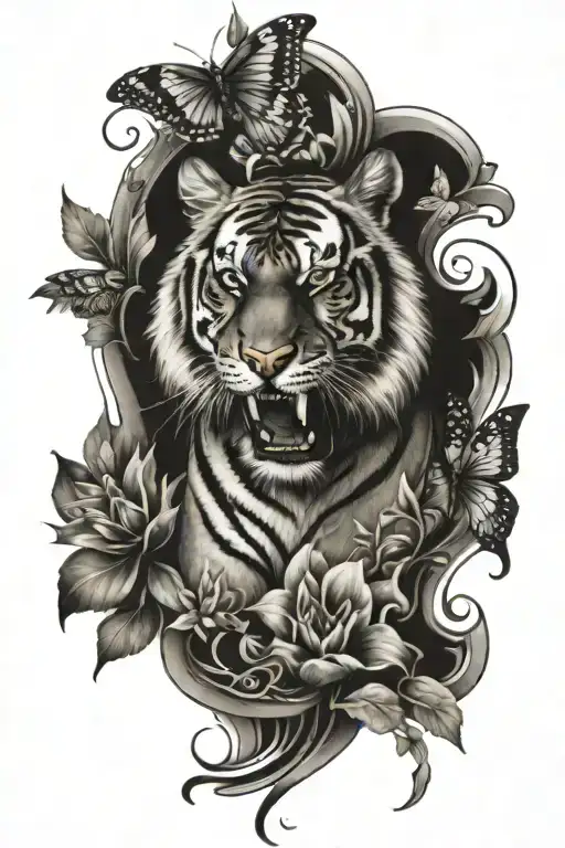 tiger roaring, flowers, butterflies fluttering tattoo design idea