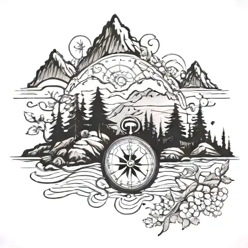 a river is flowing between mountains and cliffs and there are trees. a sun in back and a nautical compass. Arm tattos tattoo design idea