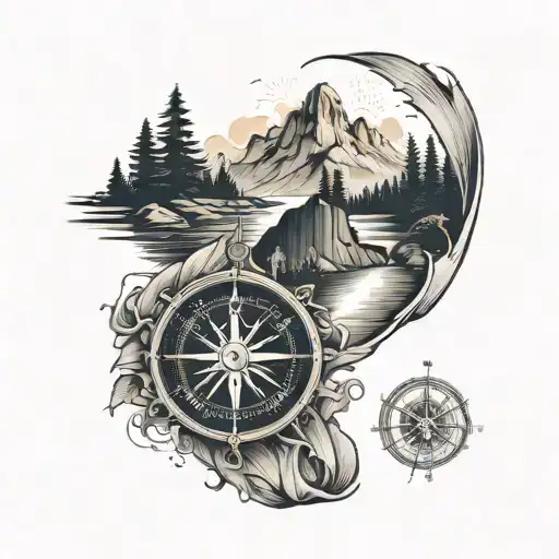 a river is flowing between mountains and cliffs and there are trees. a sun in back and a nautical compass. Arm tattos tattoo design idea