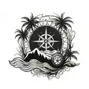 Ocean / waves /earth/cliffs /trees/ sun and nautical compass  Half Back tattoo / side/ shoulder  tattoo design idea