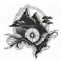 Ocean / waves /earth/cliffs /trees/ sun and nautical compass  Half Back tattoo / side/ shoulder  tattoo design idea